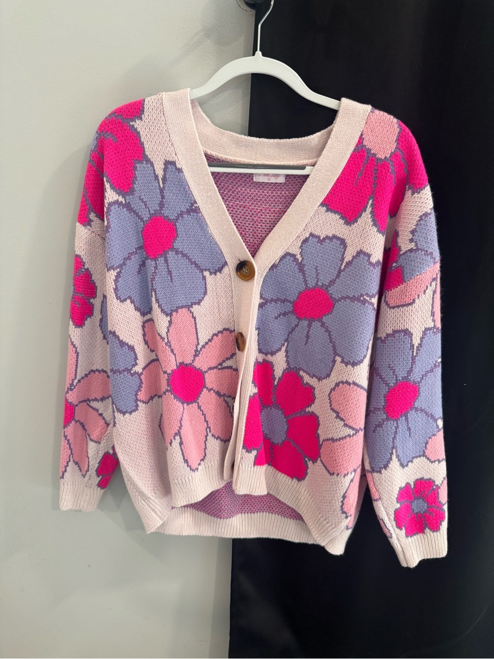 Pink Floral V-Neck Button Sweater Cardigan